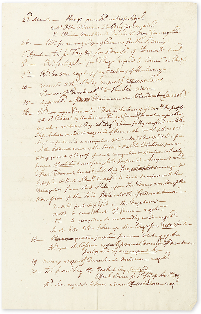 (AMERICAN REVOLUTION--1782.) [Middleton, Arthur.] His personal notes from Congress on Vermont statehood and other topics.